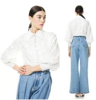 Alice & Olivia Onella Embroidered Button Front Blouse Shirt White Womens Size XS