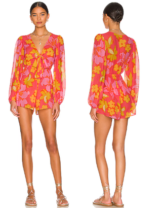 Beach Riot Lori Floral Sheer Long Sleeve Swim Romper Orange Yellow Women's S