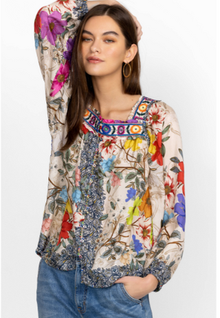 Johnny Was Archibal Luciana Embroidered Floral Silk Blouse Multi Women's XXL