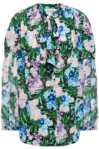 Balenciaga Floral Long Sleeve Tie Neck Button-Up Shirt Green Multi 36 FR / 4 US