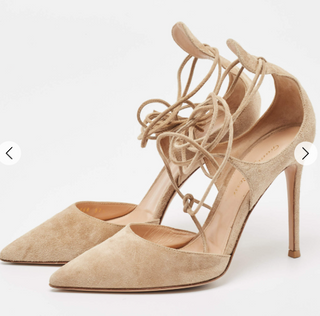 Gianvito Rossi Suede Lace Up Pointy Toe Stilettos Pumps Beige Women's Size EU 40