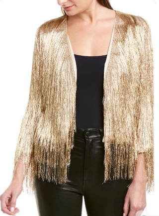 NWT Rachel Zoe Isla Metallic Fringe Open Front Cardigan Sweater Gold Women's XS