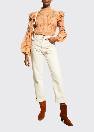 NWT Zimmermann Concert Long Sleeve Textured Lace Blouse Top Tan Womens Size US 4