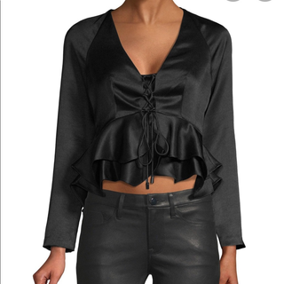 Alexis Reagan Satin Lace up Ruffle Trim Cropped Blouse Black Women's Size Medium