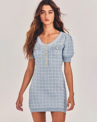 NWT LoveShackFancy Sailor Lurex Tweed Knit Mini Dress Light Blue Check Womens S