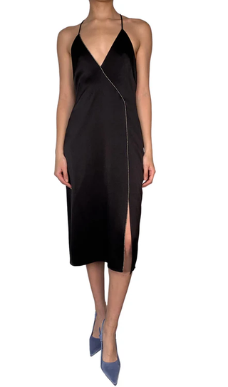 Halston Heritage Satin Sleeveless Silver Trim Cocktail Midi Dress Black Womens 0