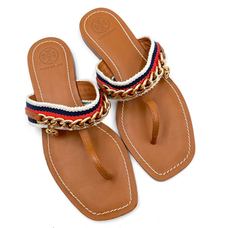 Tory Burch Mini Benton Chain Stripe Leather  Thong Sandals Brown Women's US 6.5