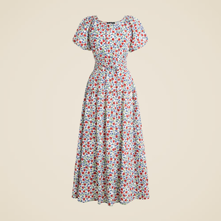J. Crew Elena Floral Crepe De Chine Puff-Sleeve A-LIne Midi Dress White Multi M