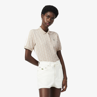 NWT Lacoste Geometric Monogram Jacquard Short Sleeve Polo Shirt Top Beige White 32