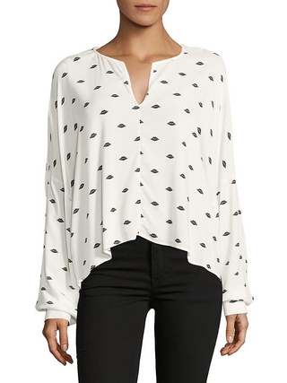 IRO Visja Silk Lip Print Long Sleeve Hi-Low Blouse Top White Womens 44 FR/ 12 US