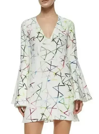 Alexis Giovanna Flounce Bell Sleeve V-Neck Mini Dress White Multi Women's Size S