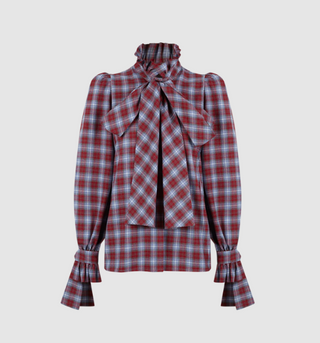 Paris 64 Louise Check Long Sleeve Ruffle Shirt Red/Blue/Beige Women's Size Small