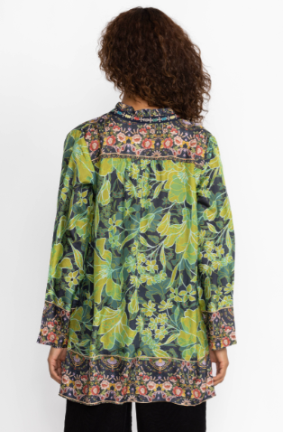 Johnny Was Hirz Tali Silk Floral Button-Up Tunic Blouse Top Green Women's XXL