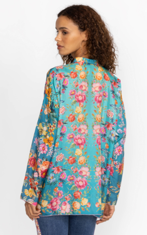 Johnny Was Neutra Mara Silk Floral Button-Down Blouse Blue Multi Women's XXL
