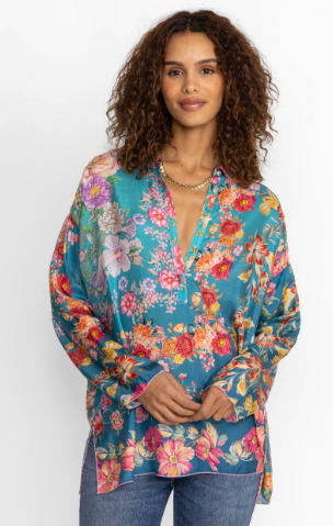Johnny Was Neutra Mara Silk Floral Button-Down Blouse Blue Multi Women's XXL