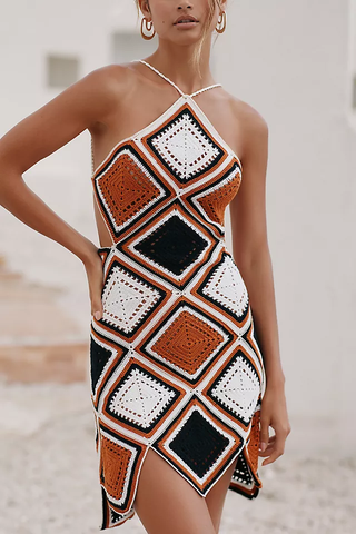 My Beachy Side Crochet Diamond Halter Neck Mini Dress Brown/White/Black Womens L