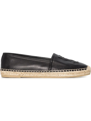 Saint Laurent Cassandre Logo-Embossed Leather Espadrilles Flat Black Women EU 39