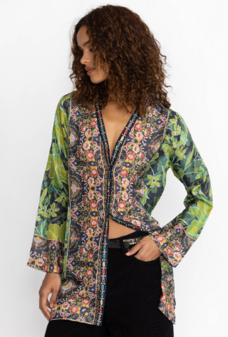 Johnny Was Hirz Tali Silk Floral Button-Up Tunic Blouse Top Green Women's XXL