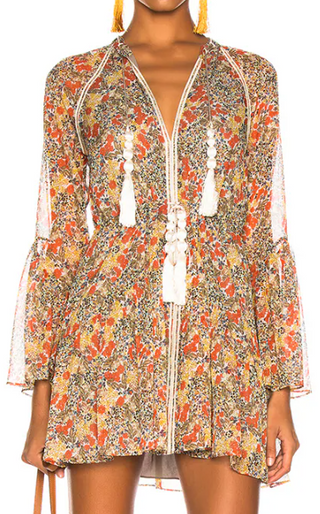 NWT Alexis Cicely Semi-Sheer Tassel Tie Mini Dress Garden Print Women's Small