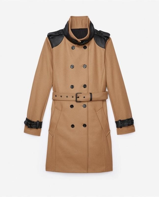 The Kooples Wool with Lambskin Accents Double Breasted Trench Coat Camel Small
