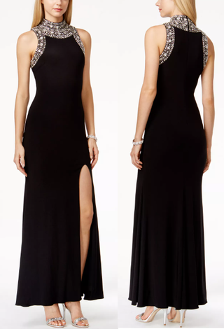 NWT Betsy & Adam Mock-Neck Jewel-Trim Sleeveless Maxi Dress Black Women's 12 P