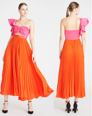 AMUR Cleopatra Colorblock Pleated Asymmetrical A-Line Maxi Dress Pink / Orange 4
