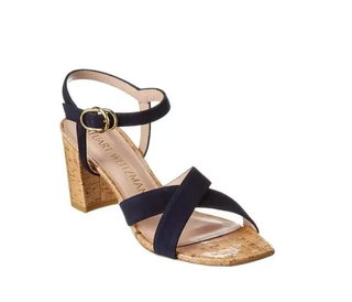 Stuart Weitzman Analeigh 75 Suede Block Heel Boho Sandals Navy Blue Beige US 9