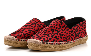 Saint Laurent Canvas Leopard Print Slip On Espadrilles Flat Red Black Women's EU 37