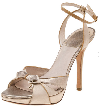 Dior Leather Bow Ankle Strap Platform Sandals Nude Gold Metallic Women's Size 36