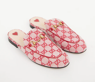 Gucci GG Logo Canvas Princetown Horsebit Flat Mules Pink Red Women's Size EU 40