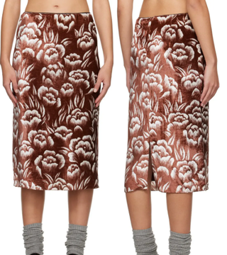 NWT Meryll Rogge Velvet Floral Pattern Pencil Midi Skirt Brown Women's Size 40/L