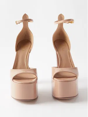 Valentino Garavani Tan-go 155MM Patent Leather Platform Sandals Nude Womens 37.5