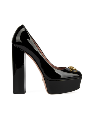 Gucci Patent Leather Horsebit Block Heel Platform Pumps Black Women's EU 36.5
