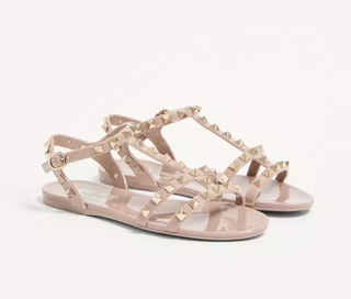 Valentino Garavani Rockstud Slip On Flat Rubber Sandal Poundre Beige Women EU 39
