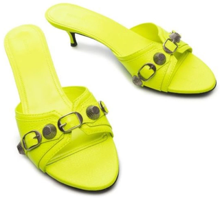 Balenciaga Cagole Studded Buckle Leather Slip On Mules Neon Yellow Women EU 37.5