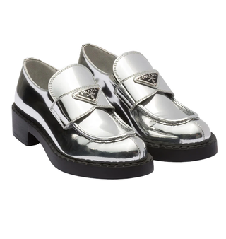 NWOT Prada Metallic Leather 50mm Block Heel Loafers Shoes Silver Women's EU 40