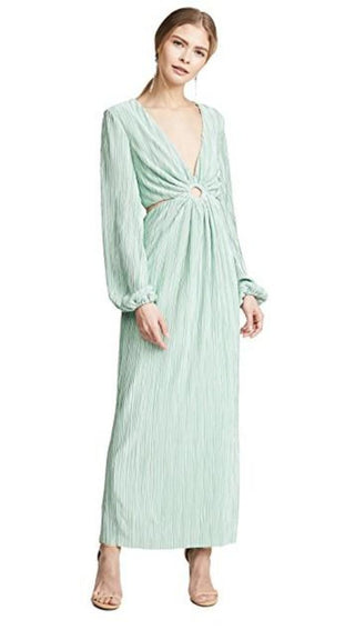 Ronny Kobo Selita Micro Pleated Puff Sleeve Cut Out Maxi Dress Tea Women's S
