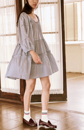 The Great. Nightingale Puff Sleeve Babydoll Mini Dress Light Chambray Womens 1/S