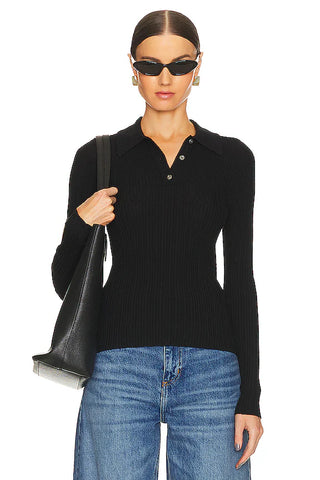 NWT Theory Slim Fit Short Sleeve Ribbed Polo Shirt Black Women's Size Small