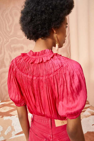 Ulla Johnson Eleni Crinkle Satin Puffle Sleeve Ruffle Blouse Orchid Pink Women 2