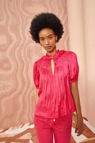 Ulla Johnson Eleni Crinkle Satin Puffle Sleeve Ruffle Blouse Orchid Pink Women 2