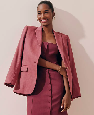 NWT Ann Taylor Long Sleeve Single Breasted Longline Blazer Rose Burgundy 10P