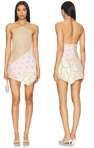 NWT Majorelle Carrie Satin Patchwork Halter Neck Mini Dress Gold/Pink Women's XS