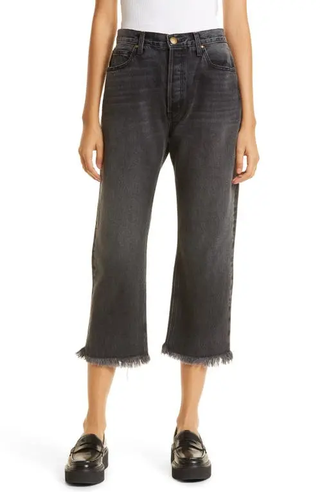 The Great The Wayne Cotton Fringe Hem Cropped Straight Jeans Onyx Wash Womens 29