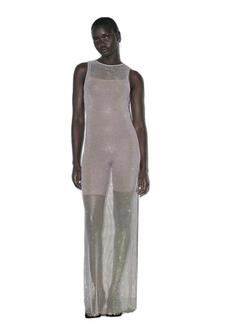 Zara Sleeveless Rhinestone Sparkly Mesh Net Maxi Cover Up Dress Silver Women's L