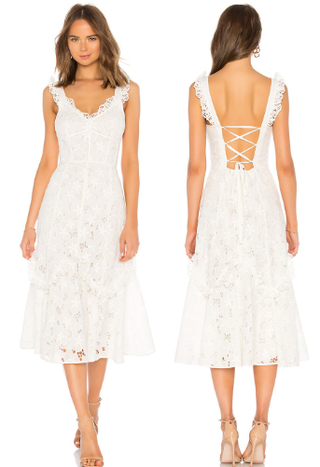 Rebecca Taylor Adriana Eyelet Ruffle Trim V-Neck A-Midi Dress White Women Size 0