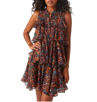 NWT MISA Emogene Peacock Abstract Sleeveless Layered Mini Dress Brown Womens XS