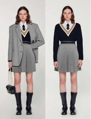 NWT Sandro Hockney Houndstooth Rhinestones Pleated Mini Skirt Silver 36 FR/4 US