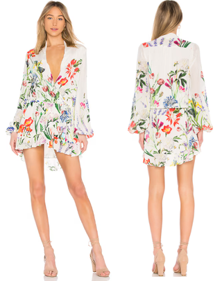 Rococo Sand Bloom Floral Print Surplice Neck Mini Dress White Women's Size M