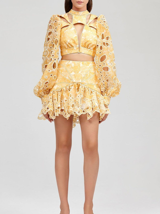 Acler Meredith Balloon Sleeve Cropped Blouse Top Bright Yellow Print Womens US 4